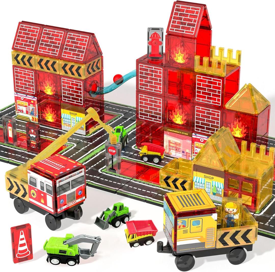 Magnetic Tiles for Kids, 56PCS Construction Magnet Tiles with Fire Truck Station, Building, Road, Crane, Car Truck - STEM Magnetic Blocks for Kids Ages 4-8, Toys for 4 5 Year Old Boys Birthday Gifts