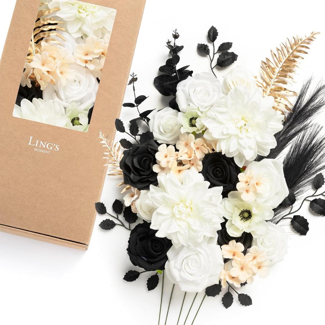 Ling's moment Fake Flowers Box, Faux Artificial Greenery Stems Foam Roses Silk Dahlia Hydrangea Eucalyptus Fabic Flower for Centerpieces Bouquet Wedding Vase, White & Black & Golden, Deluxe Combo