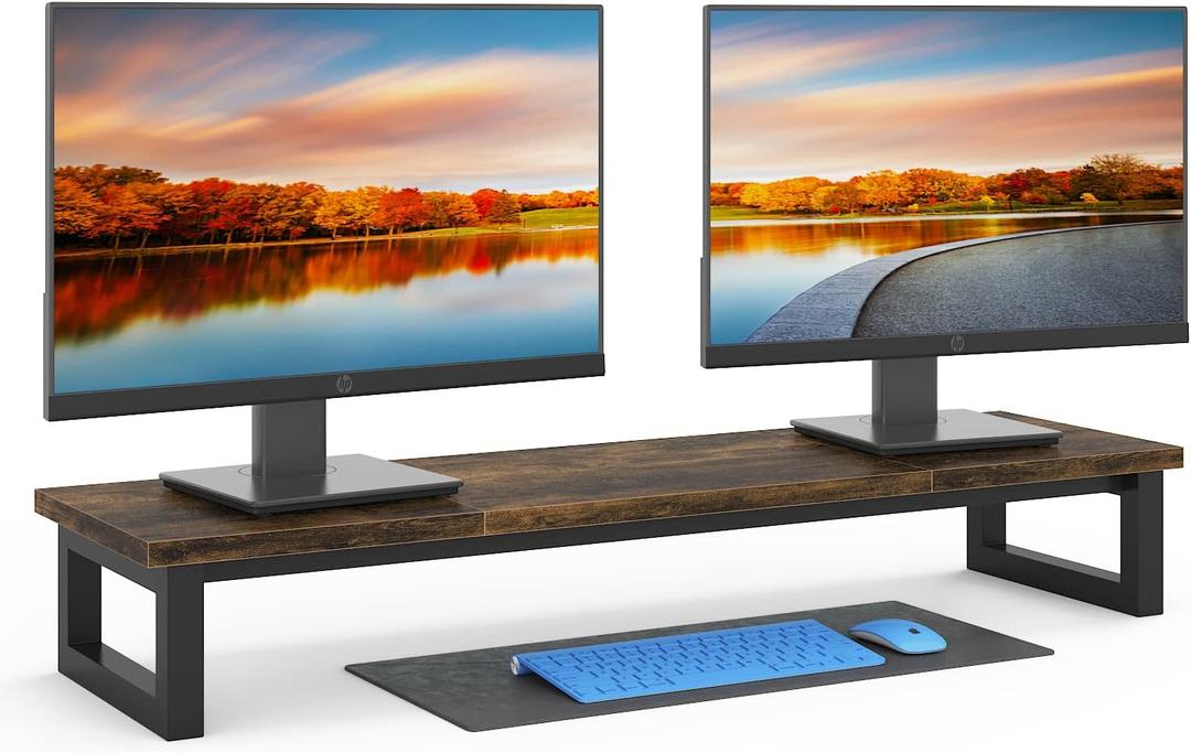 Dual Monitor Stand Riser, 39Inch Large Monitor Stands for 2 Monitors, Computer Monitor Stand, Wooden Desktop Oraganizer Shelf for Office Desk Computer,Laptop,TV (Brown)