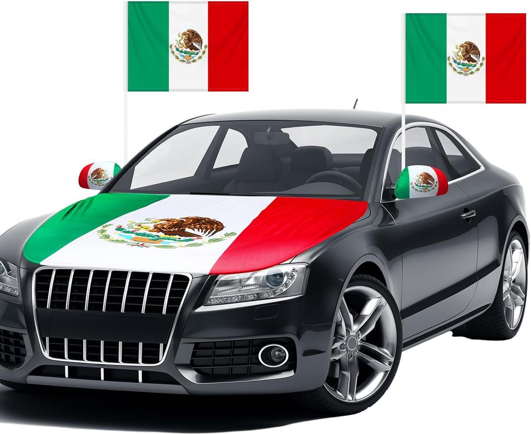 BBTO Set of 3 Mexican Flags Car Accessories, Included Mexico Flag Car Hood Cover, Side View Mirror Covers and Mexico Flag Universal Fit for Trucks, Suv