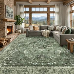 RELEANY Area Rugs Large 10'x12' Washable Non-Slip, Floral Vintage Distress Medallion Carpet for Living Room Bedroom Dining Room, Dark Green Gray