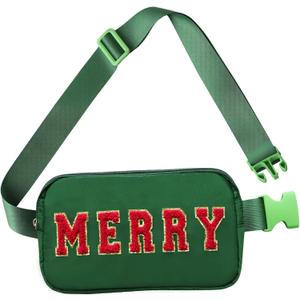 Christmas Fanny Pack, Merry Letter Belt Bag, Green Christmas Purse Crossbody Bag Nylon Adjustable Strap, Christmas Gifts For Girls Boys Women Men