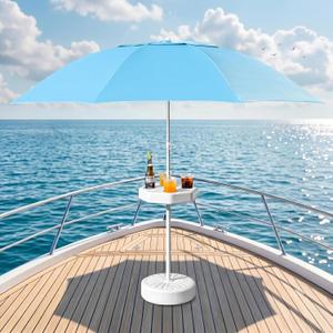Boat Umbrella with Table, Portable Boat Shade with Sand Fill Base, UPF 50+ Pontoon Canopy for Fishing Boats, Ski Boats & Cruisers, Boat Seat Umbrella with 4 Cup Holders for Pool Deck Patio
