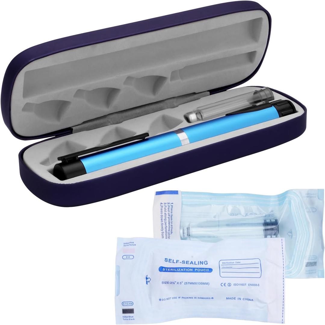Personal Reusable Pen Injector - 60 Unit Metal Pen, Metal Case and 2Pcs 3ml Cartridges (Blue)