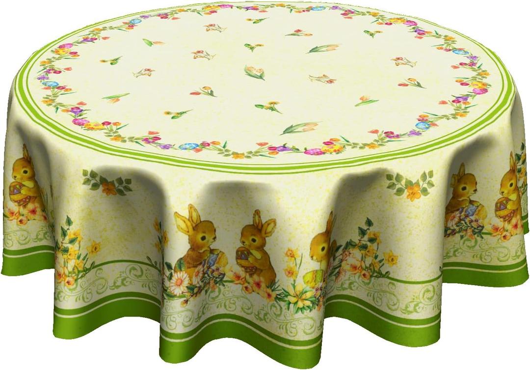 Easter Round Tablecloth 60 Inch - Bunny Table Cloth Rabbit Eggs Tablecloth Colorful Floral Table Cover Easter Spring Decorations for Home Kitchen Dining Room Party (Light Green Easter Bunny Flowers)