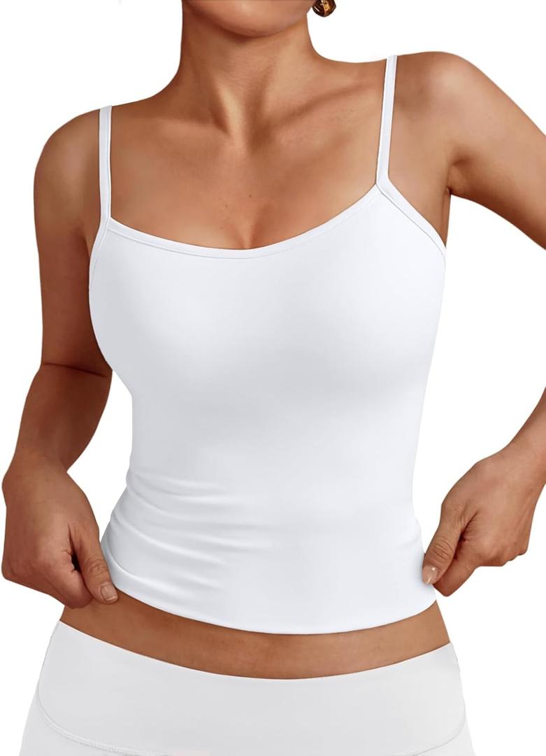 Trendy Queen Womens Adjustable Camisole Sleeveless Square Neck Spaghetti Strap Tank Tops Basic Shirt (White, XS)