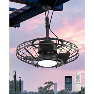 Outdoor Ceiling Fan with Light,20in Gazebo Fan with Remote and APP, 6 Speed,Dimmable 3 Color,Waterproof Cage Fan for Patio,Porch, Pergola,Canopy (Matte Black), Small