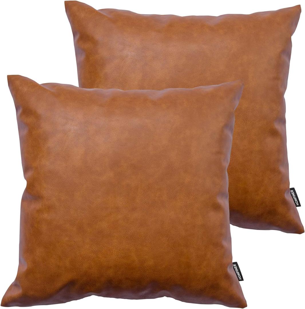 HOMFINER Faux Leather Throw Pillow Covers, 18 x 18 inch Set of 2 Thick Cognac Brown Modern Solid Decorative Square Bedroom Living Room Cushion Cases for Couch Bed Sofa