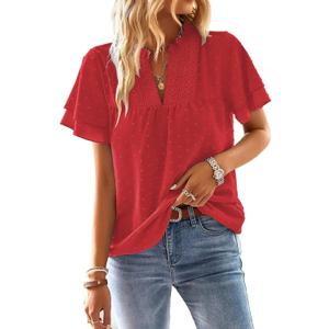 Falechay Womens Summer Tops Sexy V Neck Blouses for Women Dressy Casual Cute Going Out Short Sleeves Shirt Tunic Ruffle Sleeve Swiss Dot Top Bohemian Teacher Shirts Flowy Peasant Shirt, Red, L