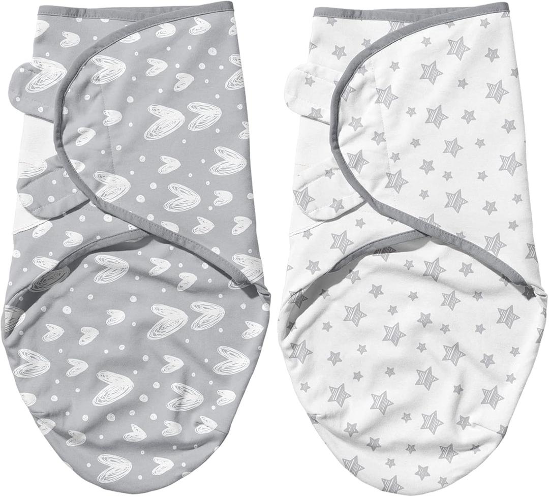 Biloban Baby Swaddles 0-3 Months for Boy Girls, Newborn, Organic Cotton Adjustable Blanket, Lovely Grey Print, 2 Pack