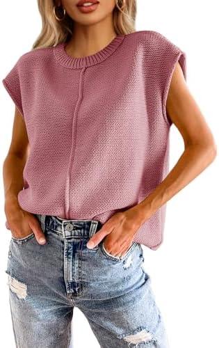 Saodimallsu Womens Summer Cap Sleeve Tops Casual Crew Neck Loose Fit Knit Lightweight Sweater Pullover Top Small