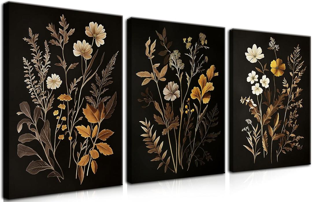 Vintage Black Flower Wall Art Decor Set of 3, Beautiful Wildflower Botanical Canvas Prints, Dark Academia Fall Floral Poster Painting Picture for Bedroom Living Room 16x24 Inch Framed (24L" x 16W")