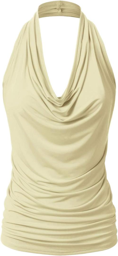 Women's Casual Halter Neck Draped Front Sexy Open Back Tank Top (S-3XL) (XL, Ett006_cream)