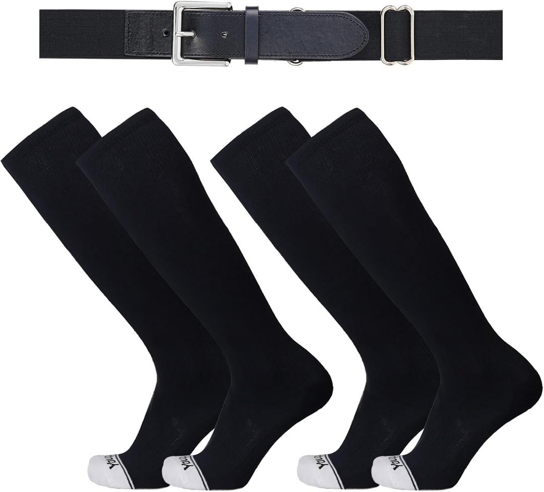 Youper Youth Elite Baseball Socks & Belt Combo (2 Pairs of Socks & 1 Belt) (Small, Black/White)