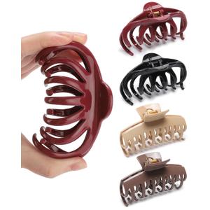 Lourny Silicone Hair Clips for Women, 4 PCS Non-Slip Strong Hold Flexible Cloud Claw Clips for Thin or Thick All-Day Comfort Large Hair Clips(Light Brown + Dark Brown + Red + Black(Claw))