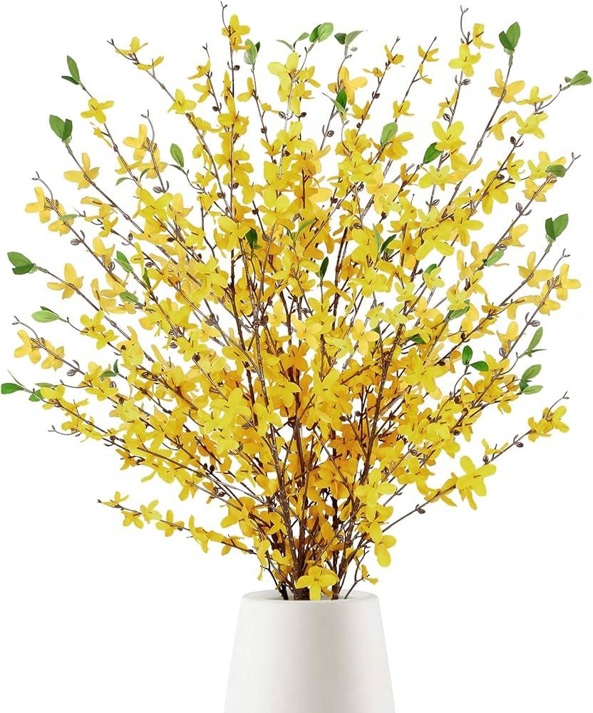 Giegxin 45 Inch Artificial Yellow Forsythia Flowers Branches Fake Spring Forsythia Long Stem 3 Pcs Silk Orchids Flowers for Vase Floral Arrangement Wedding Party Spring Home Decoration