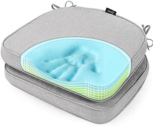 SUNROX Gel Memory Foam Chair Cushions, FadeShield Water-, Stain-Resistant Durable Reversible Seat Cushion Pads with Ties for Indoor/Outdoor Kitchen Dining Office 17"x16" Set of 2, Heather Grey