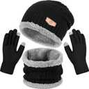 Winter Beanie Hat Scarf and Gloves Set For Men WomenWarm Beanie Hat Soft Neck Scarf and Touch Screen Gloves for Cold Weather (Black)