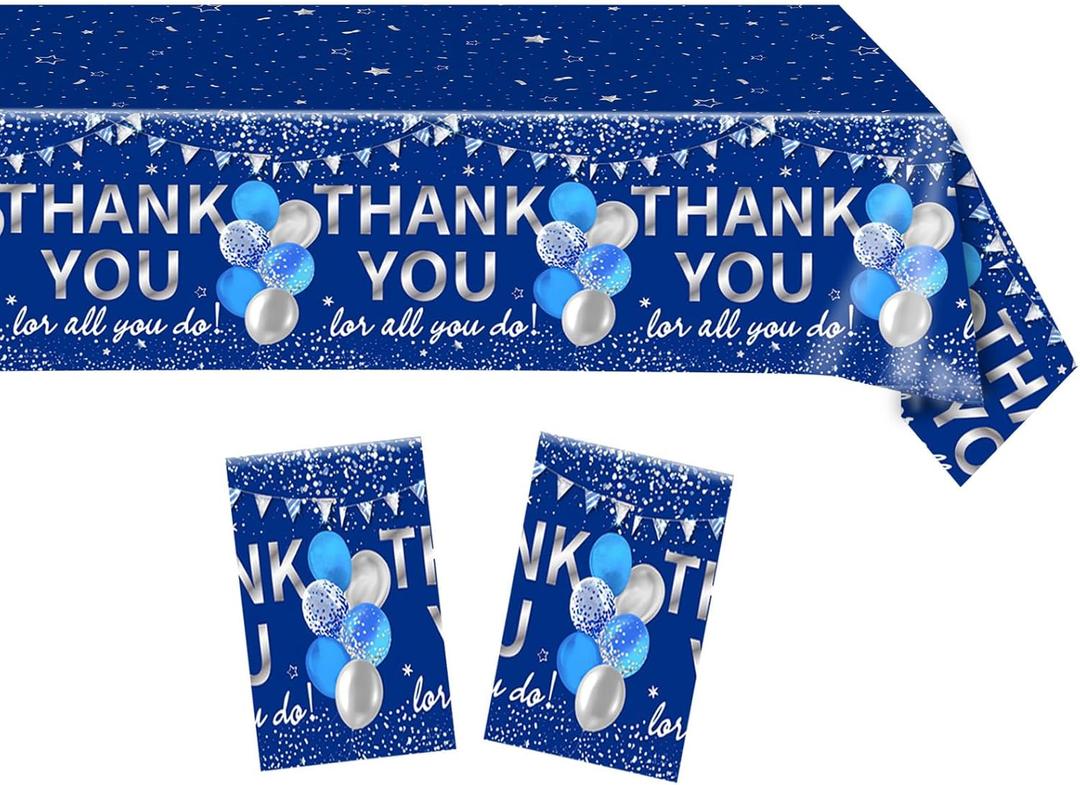 2Pcs Thank You for All You Do Tablecloth Navy Blue Silver Thank You Decorations Plastic Rectangular Table cloth, for Teacher Employee Staff Doctors Nurse Pastor Appreciation Week Party Supplies