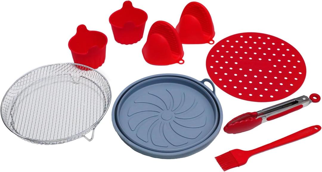 9-Piece Air Fryer Accessories Set for 5.0 Qt+  Silicone Liner, Foldable Basket, Stainless Rack, Baking Cups, Insulated Gloves, Heat Brush & Tongs for Easy Cooking