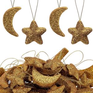 Deloky 40 Pcs Glitter Eid Mubarak Ornaments, Gold Moon Star Hanging Ramadan Tree Ornaments, Shining Ramadan Kareem Moon Star Pendant Decorations for Islamic Muslim Festival Party Home Decor