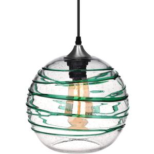 ARIAMOTION Pendant Lights Kitchen Island Glass Coastal Lighting Green Stripe Seeded Modern Style Light Fixtures Beach House Dinning Room Table Hand Blown Art Globe Lamp 9 Inch Diameter