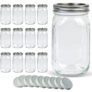 Wide Mouth Mason Jars 32 oz 12Pcs, Canning Jars with Airtight Lids and White Plastic Mason Jar Lids with Silicone Rings for Overnight Oats, Food Storage, Dry Food, Snacks, Candies and More