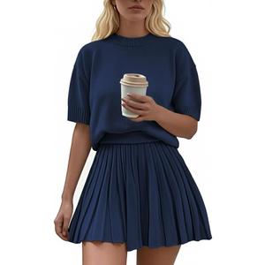 Womens 2 Piece Outfits 2026 Short Sleeve Crewneck Knit Tops And Pleated Mini Skirt Two Piece Sets (Small, Dark Blue)