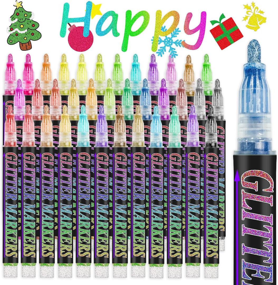 Glitter Marker Pens, 36 Colors Metallic Shimmer Paint Pens, Art Markers for Kids Adults DIY Crafts Greeting Birthday Cards Making Poster Album Scrapbooking Wood (1 Count (Pack of 36))