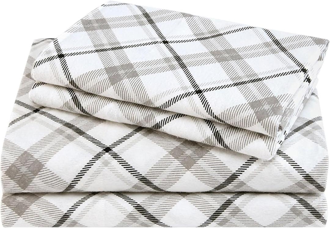 Comfort Spaces Cotton Flannel Sheets King Size, Ultra Soft Flannel Sheet Set with 14" Elastic Pocket , Plaid Print Warm Flannel Bedding, Grey Plaid 4 Piece