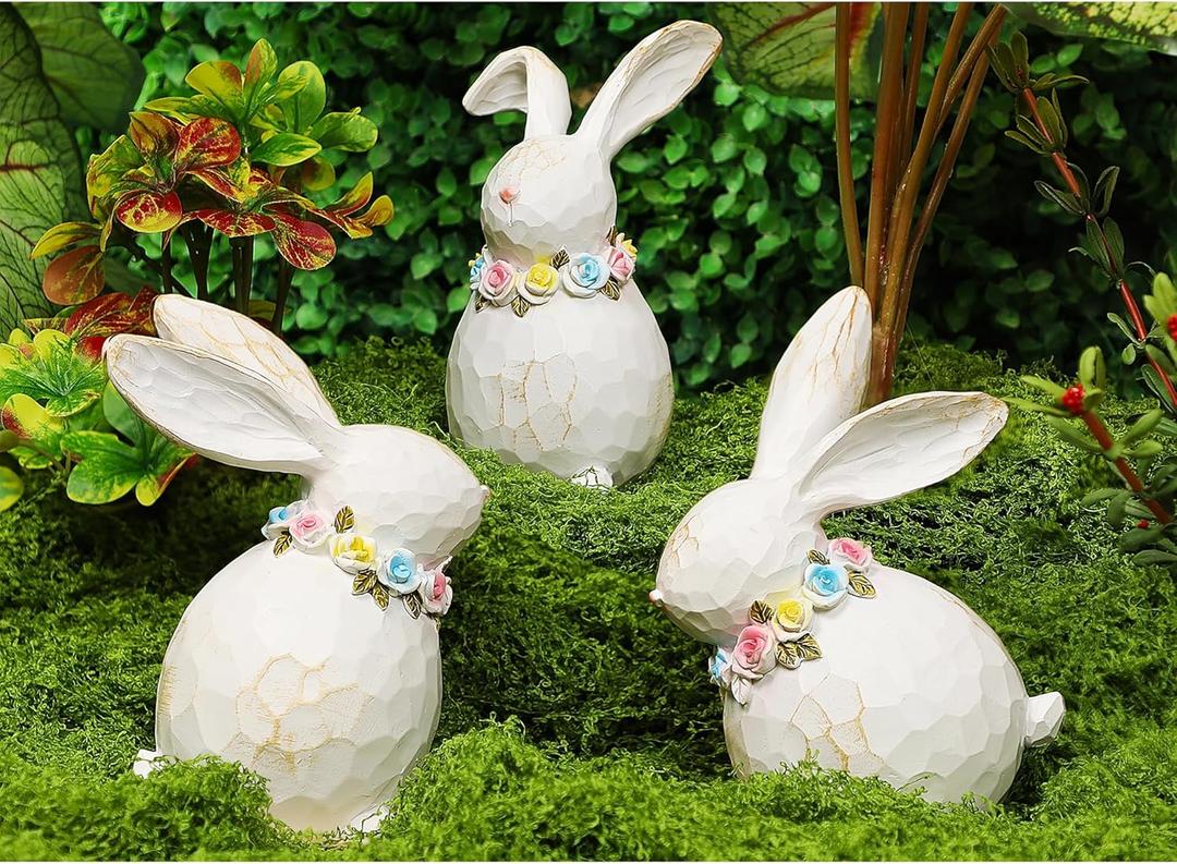 Lulu Home 3 Packs Easter Tabletop Ornaments, Resin White Bunnies Figurines with Floral Wreaths Around Necks, Standing Rabbit Statues for Spring Garden Home Mantel Indoor Outdoor Decorations, 3 Bunnies