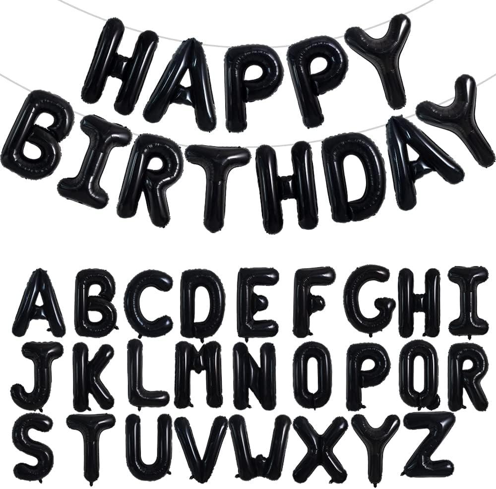 TONIFUL 65 Pcs 16 Inch Black Happy Birthday Balloons and 2 Sets A-Z Foil Letters Balloons DIY Personalized Phrase Banner for Birthday Celebration Halloween Thanksgiving Christmas Party Decorations