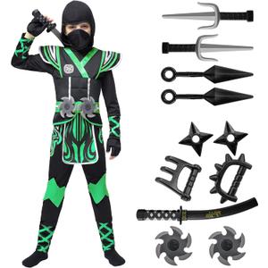 Spooktacular Creations Kids Ninja Costume, Child Boy Ninja Outfit Set, Halloween Costume for Toddler Themed Dress Up Party (Large(10-12 yrs), Green)