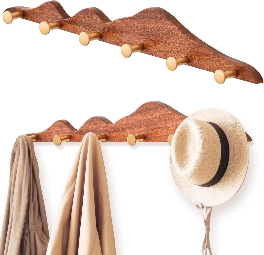 Weysat 23.6 Inch Coat Rack Wall Mount Hooks, Wooden Coat Hanger with 6 Gold Brass Hooks Decorative Heavy Duty Wood Wall Rack, Wall-Mounted Rail for Entryway, Farmhouse Hanging Keys Hats Towels Bags