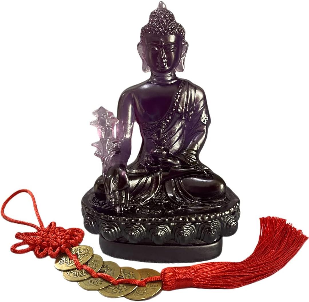 Buddha Statues for Home Collectibles Sculpture Meditation Decor Spiritual Yoga Zen Ornament East Asian Dcor Set of 5 Lucky Charm Ancient Coins Feng Shui Geomantic Figurine Gold (Purple)