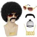 Men's Afro Wig for 70s Disco Party, 5pcs (Wig+ Glasses+ Necklace+ Mustache+ Wig Cap) 70s Outfits Costume for Cosplay Halloween Christmas Party (Black+Accessories)