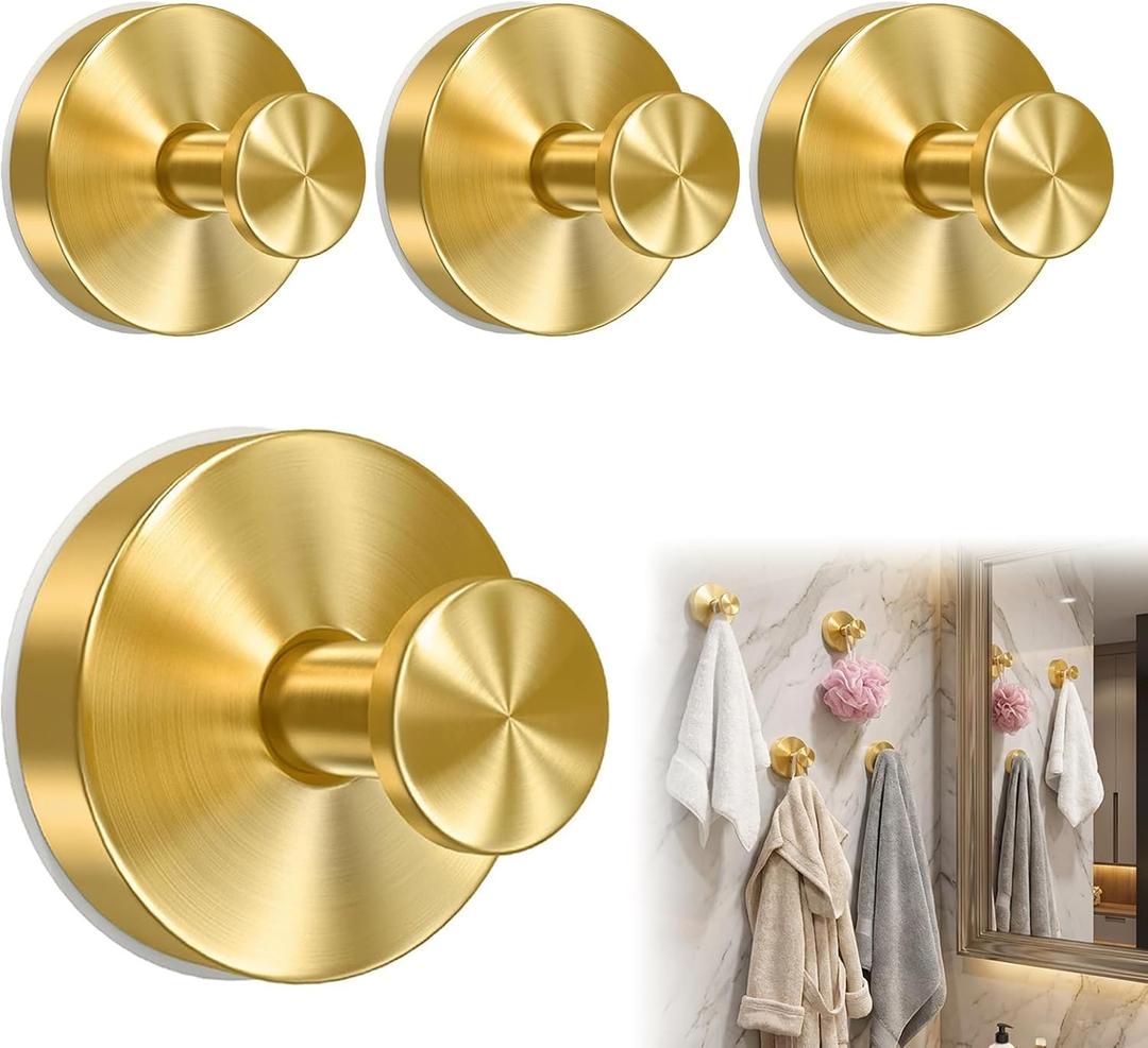 4 Pack Suction Cup Hooks for Shower, Removable Shower Hooks for Inside Shower, Metal Towel Hooks for Bathrooms, Suction Cups for Glass Door, Window, Wall, Mirror, Bathroom, Wreath Hangers (Gold)