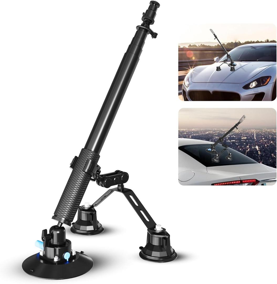Triple Strong Suction Cup Camera Car Mount for Insta360, with 2in1 Extension Pole/Selfie Stick/Action Camera Adapter Compatible, Compatible with GoPro 11,10,9,8,7 Triple Strong Suction Cup Camera Car Mount for Insta360, with 2in1 Extension Pole/Selfie Stick/Action Camera Adapter Compatible, Compatible with GoPro 11,10,9,8,7