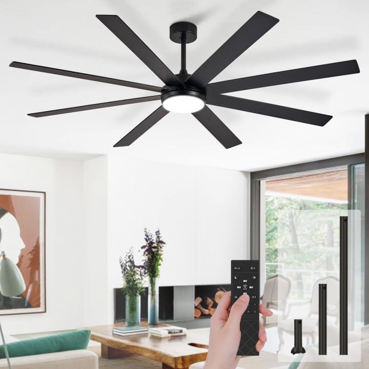 DLLT Large Ceiling Fans with Lights: 72in Modern Indoor/Outdoor Ceiling Fan for Living Room Patio - Black Ceiling Fans with Remote APP Control 8 Blades Reversible Quiet DC Motor Timer 6 Speeds 3 CCT (Black+ Red Walnut)