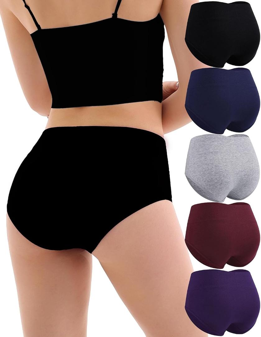 Women's Cotton Underwear High Waisted Briefs Full Coverage Soft Breathable Panties 5 Pack (S)