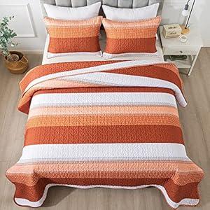 Andency Orange Quilt Queen(90x96Inch), 3 Pieces (1 Striped Quilt and 2 Pillowcases) Patchwork Striped Bedspread Coverlet Set, Soft Microfiber Lightweight All Season Quilted Bedding Set