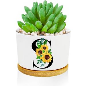 3 x Sunflower Succulent Plant Pots 3 Inch Ceramic Cactus Flower Pots Personalized Initials S Sunflower Gifts for Women Mom Sister,Birthday Housewarming,Wedding,Window Garden Desk Decor
