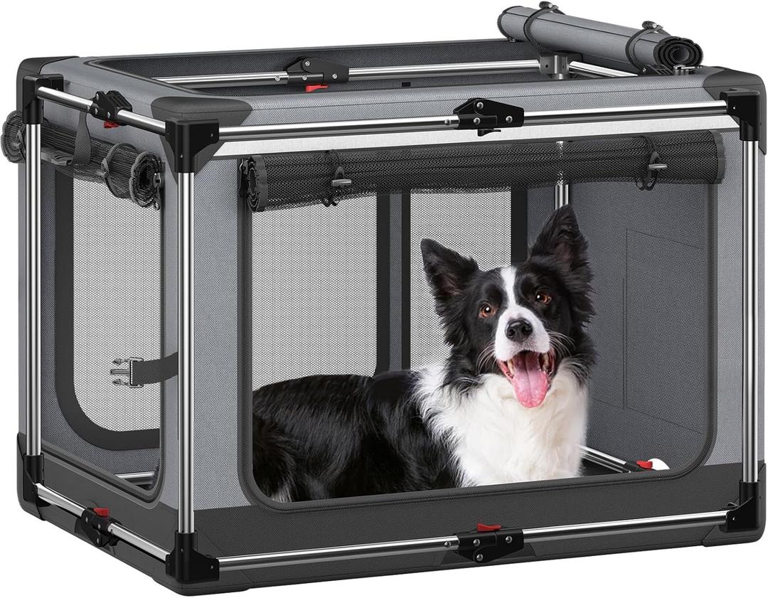 Collapsible Dog Crate: 38 Inch Foldable Soft Sided Dog Crate for Large Dogs, Portable Dog Travel Kennel with Soft Mat for Indoors & Outdoors, Grey (L (38"L x 27"W x 27"H))