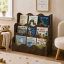 NACHES 3-Tier Montessori Bookshelf for Kids - Wooden Front-Facing Book Display Rack with Wave Design, Toy Organizer for Toddler Nursery, Bedroom, Classroom & Playroom, Middle Rustic Brown