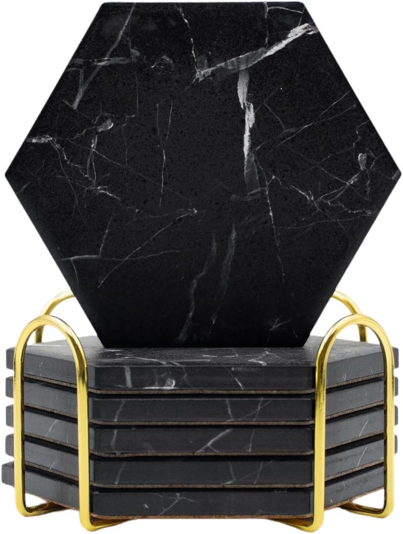 Absorbent Hexagon Black Marble Coasters for Drink with Gold Holder and Cork Base Set of 6 Decorative Tabletop Protection for Bar Kitchen Home and Dining Room