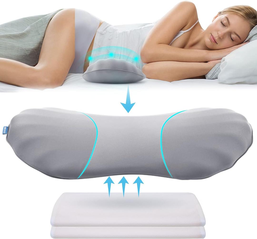 RESTCLOUD Adjustable Lumbar Support Pillow for Sleeping Memory Foam Back Support Pillow for Lower Back Pain Relief and Sleeping, Lumbar Support Pillow for Bed and Chair with 2 Insert Pads (Moon Grey)