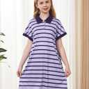 GORLYA Girls Striped Polo Collared Button Shift Straight Casual Loose Midi Dress 6-14Y (GOR1258,6Y,Purple Stripe)