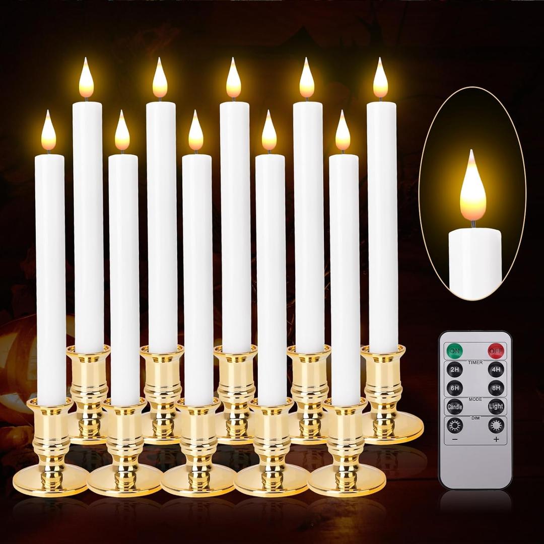 LED Flameless Window Candles With Remote Timer-Battery Operated Realistic Flickering Candlesticks Lights With Removable Gold Candle Holders Best Gift For Xmas Wedding Home Dinner Decor Set of 10