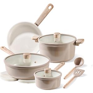 CAROTE 12Pcs Ceramic Pots and Pans Set Non Stick, Healthy Cookware Set, PFAS/PFOA Free, Kitchen Cooking Set with Frying Pans, Taupe (Brown)