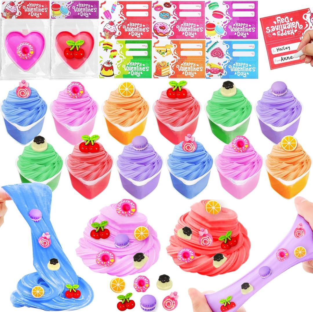 24 Pack Valentines Day Gifts for Kids Classroom Heart Butter Slime with Charms Valentines Day Cards for Kids School, Valentines for Class Exchange Valentines Party Favors Stress Relief Fidget Toys